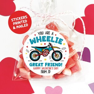 Ronde stickers Valentijnsdag crossmotor, je bent een Wheelie Great Friend Labels, Custom Racing Valentines Tags, Boy Valentines