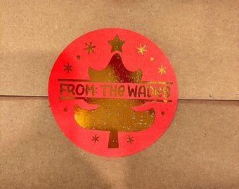Set of 12 Gold Foil Christmas Tree Personalized Gift Stickers, Family Name Christmas Stickers