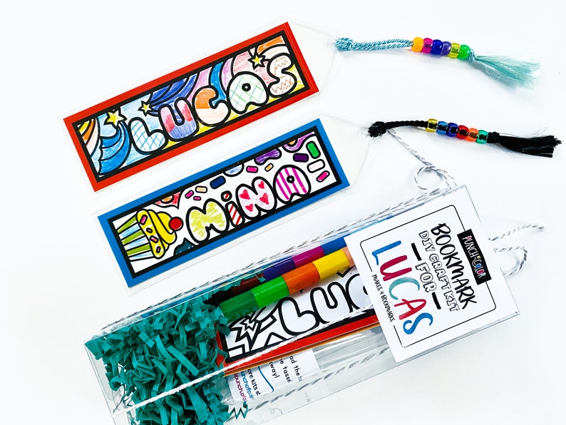 Kids bookmark-making kit makes 4 bookmarks. Personalized stocking stuffer and gift for kids.