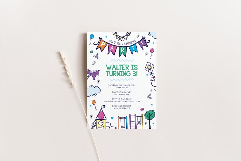 Playground Birthday Invitation Template, Editable Park Party Invitation, Outdoor Park Party Invite, Colorful Party at the Park Illustration image 3