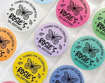 Personalized Butterfly Birthday Favor Stickers, Custom Thank You Treat Bag Labels, Set of 10 Colorful Labels