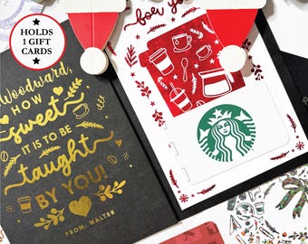 Personalized Coffee Gift Card Holder Booklet, Custom Gold Foil Thank You Christmas Card for Teacher or Office Appreciation