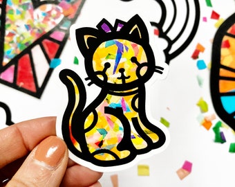 Cat stained glass vinyl sticker - colorful waterproof waterbottle laptop sticker - 2.2" x 3" - kids cat pet party favors - Kitten lover