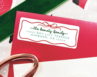 Vintage Red Bow Christmas Personalized Return Address Labels, Set of 30 Christmas Card Labels, Wavy Border Holiday Address Sticker