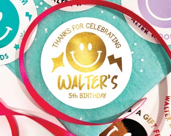 Gold Foil Emotion Face Birthday Favor Stickers, Printed Custom One Happy Dude Treat Bag Labels