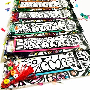 Personalized Bookmarks to color - kids birthday party favors or activity - whimsical bookmarks - DIY arts and crafts kit stocking stuffer