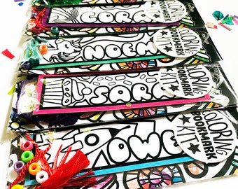 Personalized Bookmarks to color - kids birthday party favors or activity - whimsical bookmarks - DIY arts and crafts kit stocking stuffer