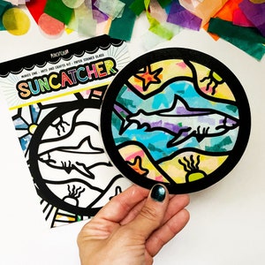 Shark suncatcher arts and crafts kit, shark birthday party favor for girls and boys, under the sea birthday activity, Ocean birthday gifts