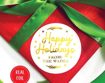 Gold Foil Happy Holidays Family Name Gift Sticker, Decorative Envelope Seals, Set of 12