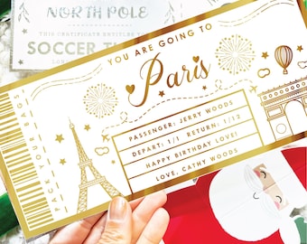 Custom Paris France Boarding Pass Gift, Gold Foil Ticket Holiday Reveal