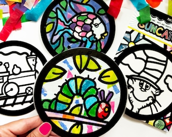 Storybook suncatcher kits, bulk birthday party activity, Caterpillar Birthday party favors for kids, Insect Fish Train Cat designs