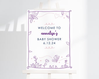 Butterfly Baby Shower Welcome Sign, Purple Butterfly Baby Shower Handwritten Whimsical Design, Editable Butterfly Birthday Sign