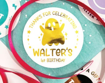 Foil Ghost Birthday Party Favor Stickers, Personalized Halloween Thank You Labels