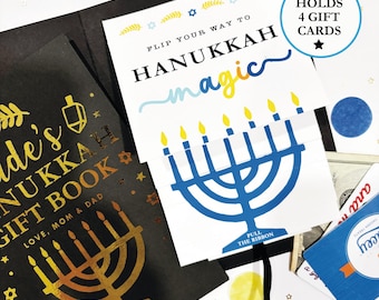 Pull to Reveal Hanukkah gift card holder book, Jewish money or cash present, Holds 4 gift cards