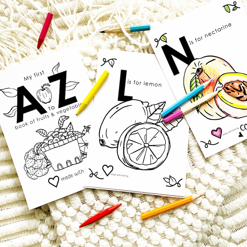May include: Three black and white coloring pages featuring the letters A, L, and N. Each page has a different fruit, an apple, a lemon, and a nectarine, and the text "My first A to Z book of fruits & vegetables" and "is for lemon" and "is for nectarine".