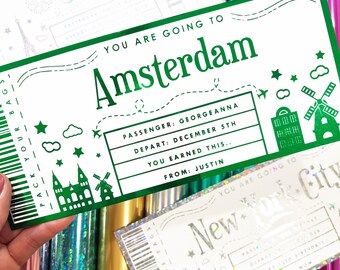 Custom Amsterdam Boarding Pass Gift, Gold Foil Ticket Holiday Reveal for Netherlands