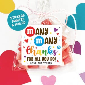 Candy Appreciation Gift Tag Stickers, M and Candy Employee Appreciation Thank You Gift, Staff Appreciation Printed Tags, Nurses Week