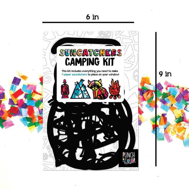 May include: A camping themed suncatcher kit with four designs: a lantern, a mountain, a raccoon, and a campfire. The kit includes everything you need to make four paper suncatchers, measuring 6 inches by 9 inches.