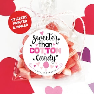 Stickers suikerspin traktatiezakje, tags Valentijnsdag snoepzakje, gedrukt en verzonden 2,5 ronde stickers, gunsten circusverjaardag