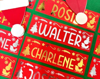 Custom Gold or Silver Foil Christmas name stickers, Personalized Kids Gift Labels, (Set of 14)