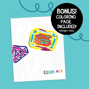 May include: A printable coloring page featuring a variety of diamond shapes. The page includes the text "Color Me!" and a bonus coloring page is included.