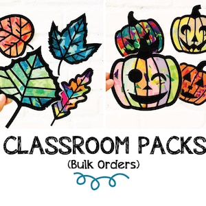 May include: A collection of paper craft cutouts featuring four autumn leaves and four jack-o'-lantern pumpkins with multicolored stained glass style inserts and black outlines. The text CLASSROOM PACKS (Bulk Orders) is printed below the images.
