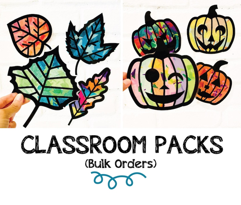 May include: A collection of paper craft cutouts featuring four autumn leaves and four jack-o'-lantern pumpkins with multicolored stained glass style inserts and black outlines. The text CLASSROOM PACKS (Bulk Orders) is printed below the images.