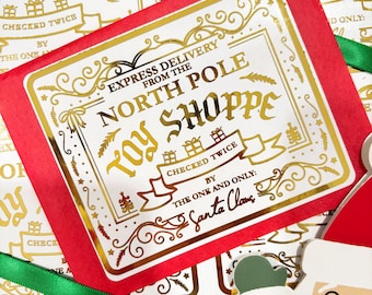 Gold Foil Special Delivery Christmas Labels, Santas Workshop toy shoppe gift stickers, Set of 6