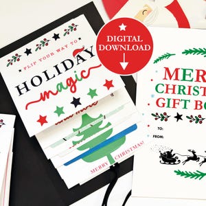 May include: White and black Christmas-themed gift card holders with festive text and graphics. One card reads "HOLIDAY magic" with stars and holly. Another says "MERRY CHRISTMAS GIFT BOX" with a Santa and reindeer illustration. A red circle says "DIGITAL DOWNLOAD".
