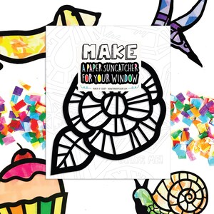 May include: Black and white printable template for a paper suncatcher. The design is a flower with a leaf. The text on the template says "Make a paper suncatcher for your window. Punch of Color www.punchofcolor.com. Color Me!"