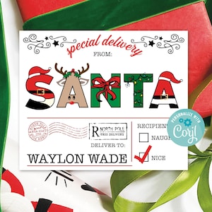 Modelo de presente do Papai Noel para impressão, etiquetas de presente de Natal editáveis para e de, download digital personalizado, lista especial de entrega agradável