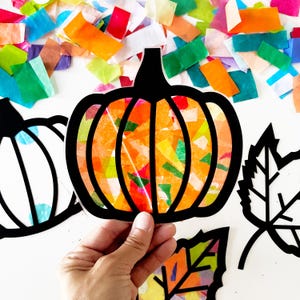 May include: A colorful fall-themed craft project with a pumpkin, leaves, and tissue paper. The pumpkin is outlined in black and filled with colorful tissue paper squares. The leaves are also outlined in black and filled with tissue paper.