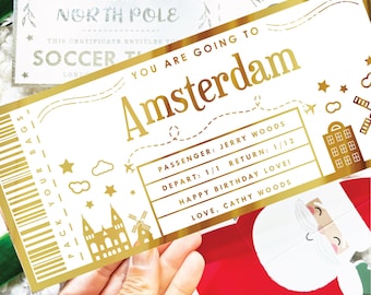 Custom Amsterdam Boarding Pass Gift, Gold Foil Ticket Holiday Reveal for Netherlands