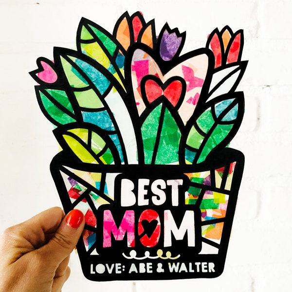 Plant Lover Best Mom Suncatcher Kit - plant gifts for mom from kids - paper stained glass craft for toddler and tween - mother's day craft