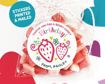Berry Sweet Birthday Party Favor Stickers, Printed and Mailed Strawberry Party Treat Bag Tags, Personalized Hand Drawn Simple Berry Labels
