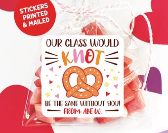 Pretzel Valentine Gift Tag Stickers, Preschool Snack Non candy Valentine Cards, Set of 12 Labels