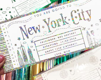 Custom New York Boarding Pass Gift, Gold Foil Ticket Holiday Reveal