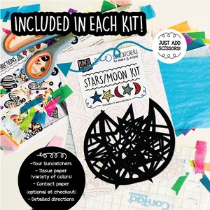 May include: A craft kit for making suncatchers. The kit includes five pre-cut suncatcher designs, tissue paper in a variety of colors, contact paper, and detailed instructions. The kit is titled "Stars/Moon Kit" and includes the text "Just add scissors!"