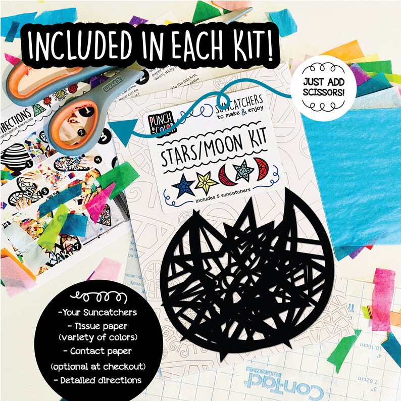 May include: A craft kit for making suncatchers. The kit includes five pre-cut suncatcher designs, tissue paper in a variety of colors, contact paper, and detailed instructions. The kit is titled "Stars/Moon Kit" and includes the text "Just add scissors!"