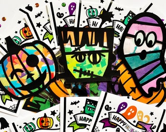 12+ Halloween Party Favors - Pumpkin, Frankenstein, Ghost suncatcher arts and crafts kit - Classroom fall activity treat - Build your own