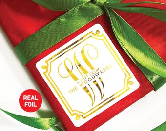 Gold Foil Monogram Gift Stickers for Family, Square Holiday Favor Tags