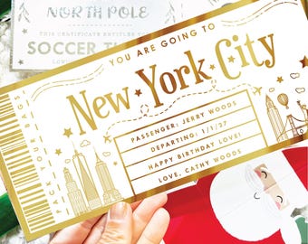 Custom New York Boarding Pass Gift, Gold Foil Ticket Holiday Reveal