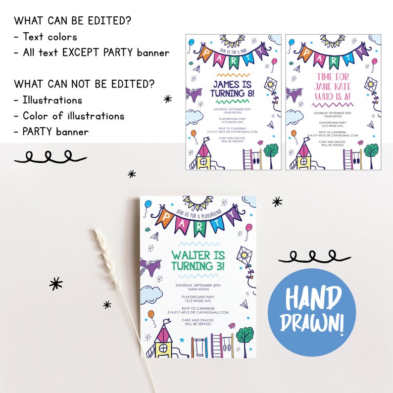 Playground Birthday Invitation Template, Editable Park Party Invitation, Outdoor Park Party Invite, Colorful Party at the Park Illustration image 5