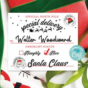 Plantilla imprimible de Papá Noel con entrega especial, lista de regalos navideños editables e imprimibles, descarga digital personalizada desde y hacia la etiqueta de regalo.