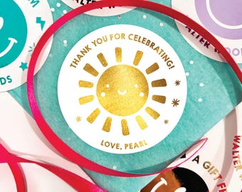 Gold Foil Sunshine birthday favor stickers, First trip around the suntags, Little sunshine thank you labels