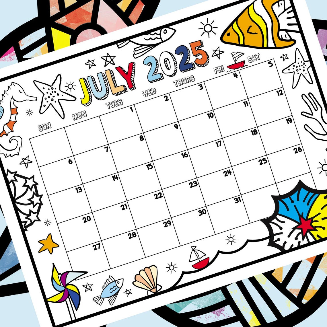 Juli 2025 Kalender, druckbarer Kinderkalender zum Ausmalen, monatliches