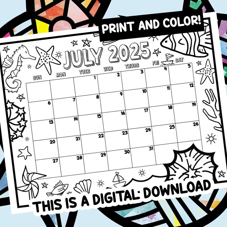 Juli 2025 Kalender, druckbarer Kinderkalender zum Ausmalen, monatliches