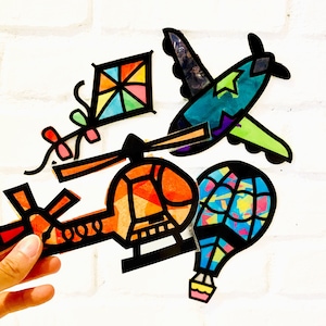 Paper arts and crafts suncatcher kit for children, planes helicopter hot air balloon and kite art activity for boy or girl, birthday gifts