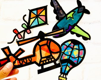 Paper arts and crafts suncatcher kit for children, planes helicopter hot air balloon and kite art activity for boy or girl, birthday gifts