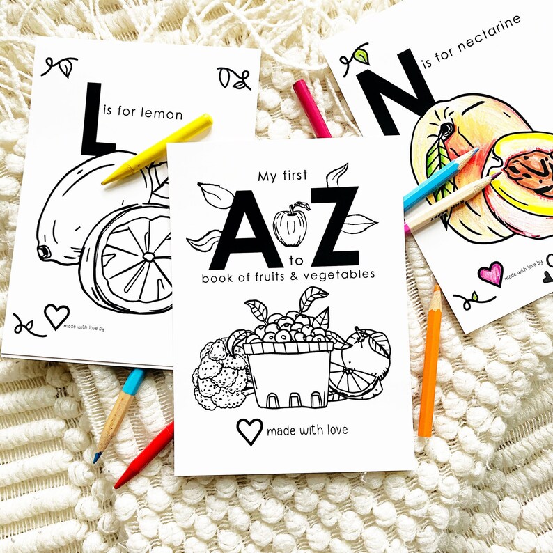 ABC coloring baby shower book fruits and vegetables.